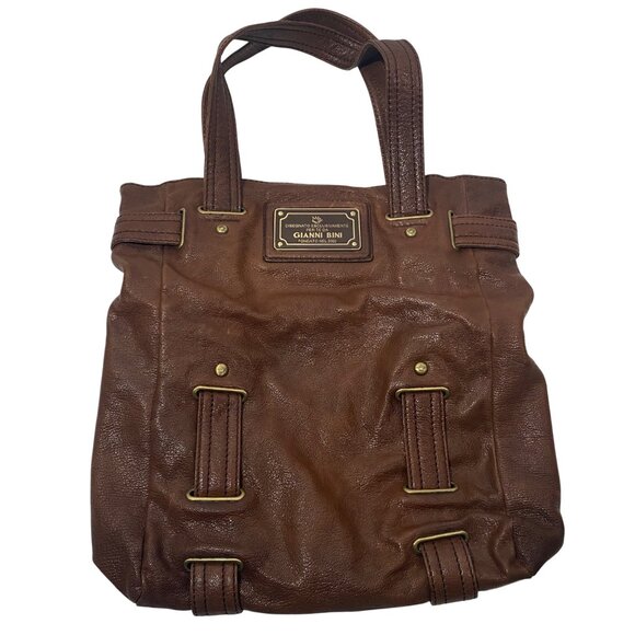 Gianni Bini Brown Leather Tote Bag With Brass Accents & Dual Handles Design dura - Picture 1 of 14